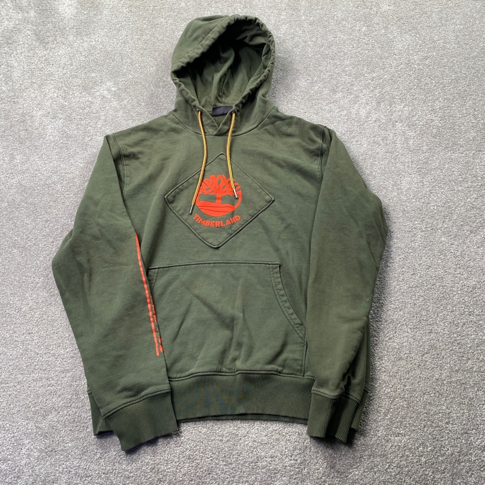 Timberland Hoodie Mens Medium Green Orange Logo Graphic Pullover Sweatshirt